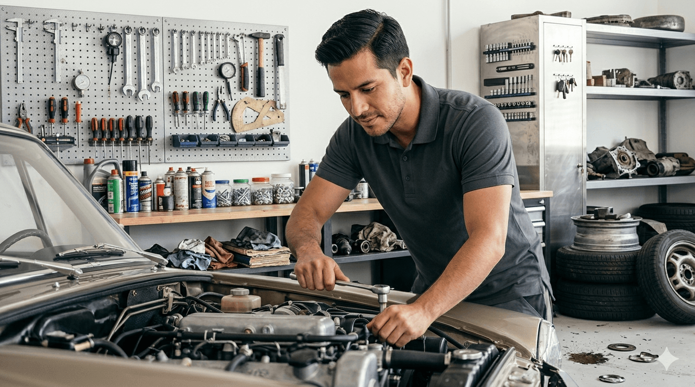 DIY maker repairing a car in a garage workshop.