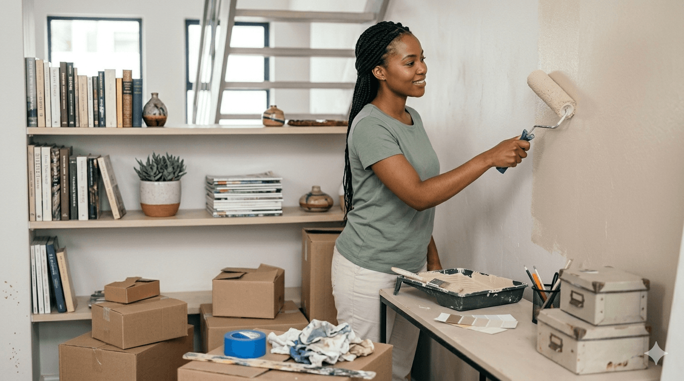 DIY maker painting a wall in a bright home interior.