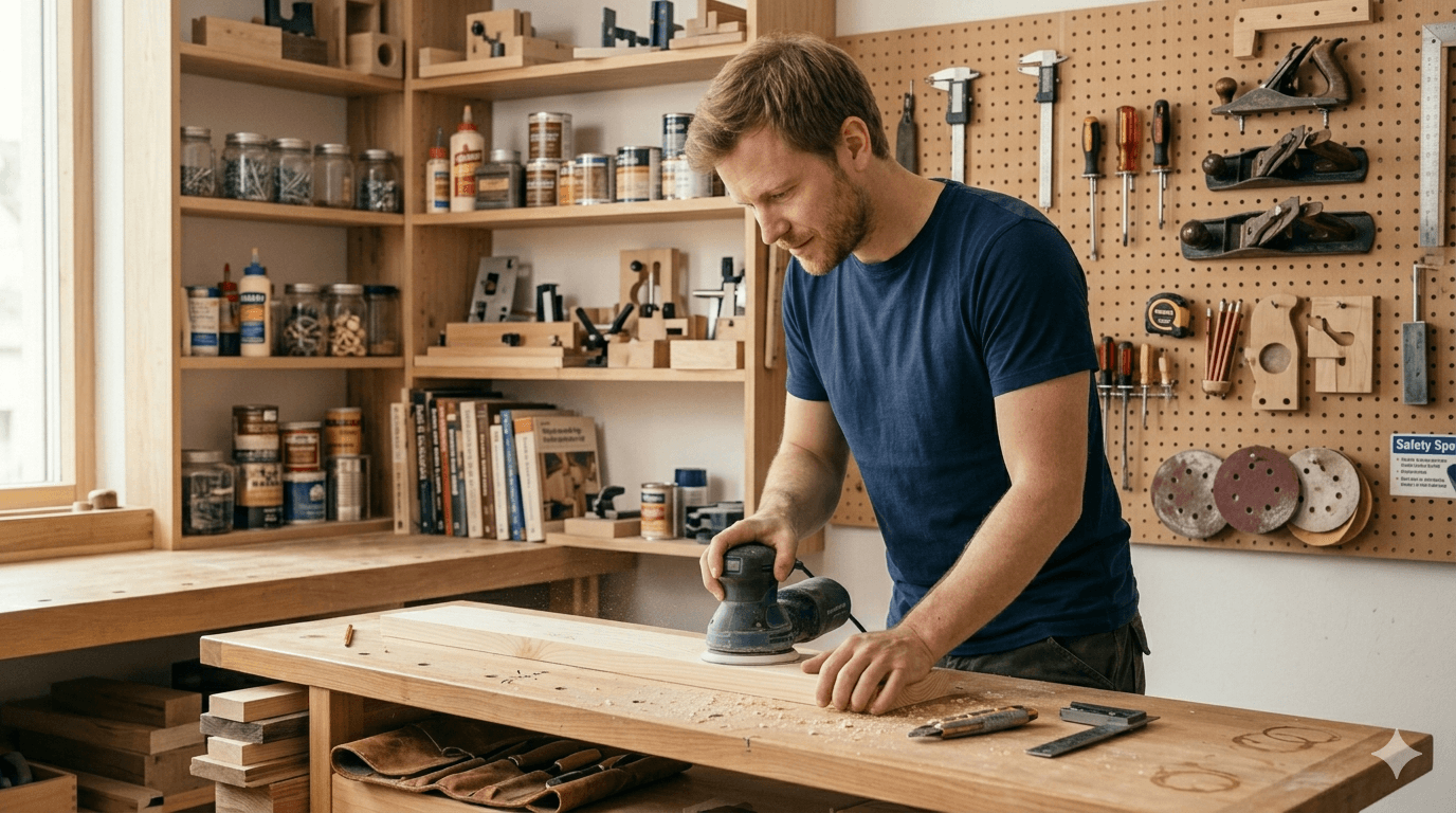 DIY maker sanding a wood project in a workshop.